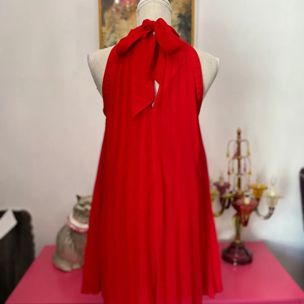 BETSEY JOHNSON XS RED PLEATED ACCORDION TIE BOW NECK DRESS - Picture 6 of 7